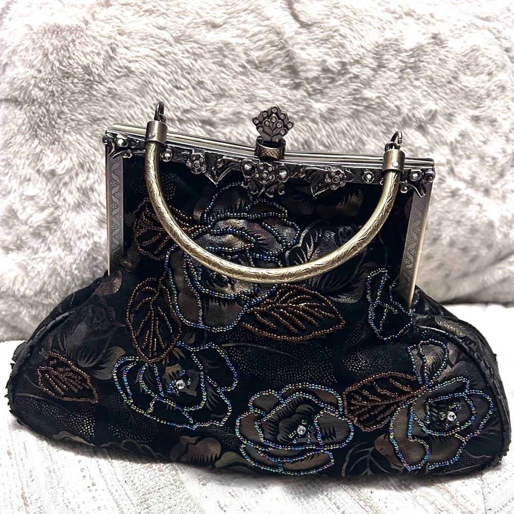 Vintage Black Velvet Embroidered Handbag Chain Strap
